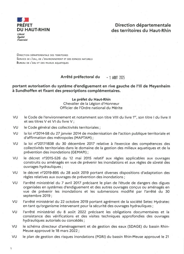 arrêté portant autorisation au système d'endiguement de l'Ill entre Meyenheim et Sundhoffen